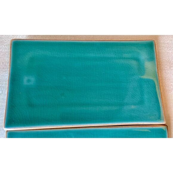 Rectangular Asian Green Crackle Ceramic Sushi Plates Le Gourmet Chef Set Of 4 - Picture 5 of 11